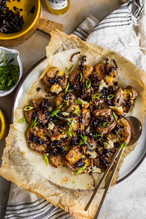 Crispy Smashed Potatoes with Roasted Garlic - Lena's Kitchen