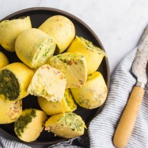 Easy Recipes Using Pantry And Freezer Staples - Instant Pot Egg Bites on plate with knife and towel