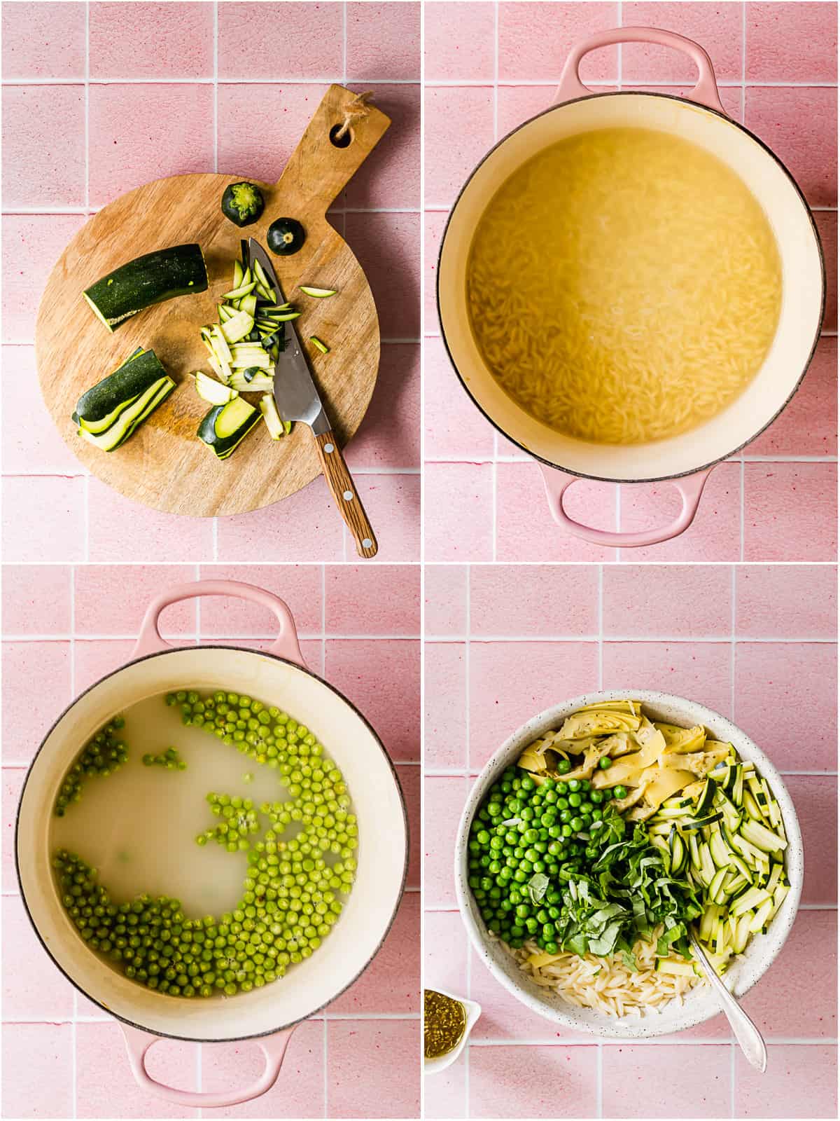 4 images showing how to prepare and cook lemon basil pasta salad.