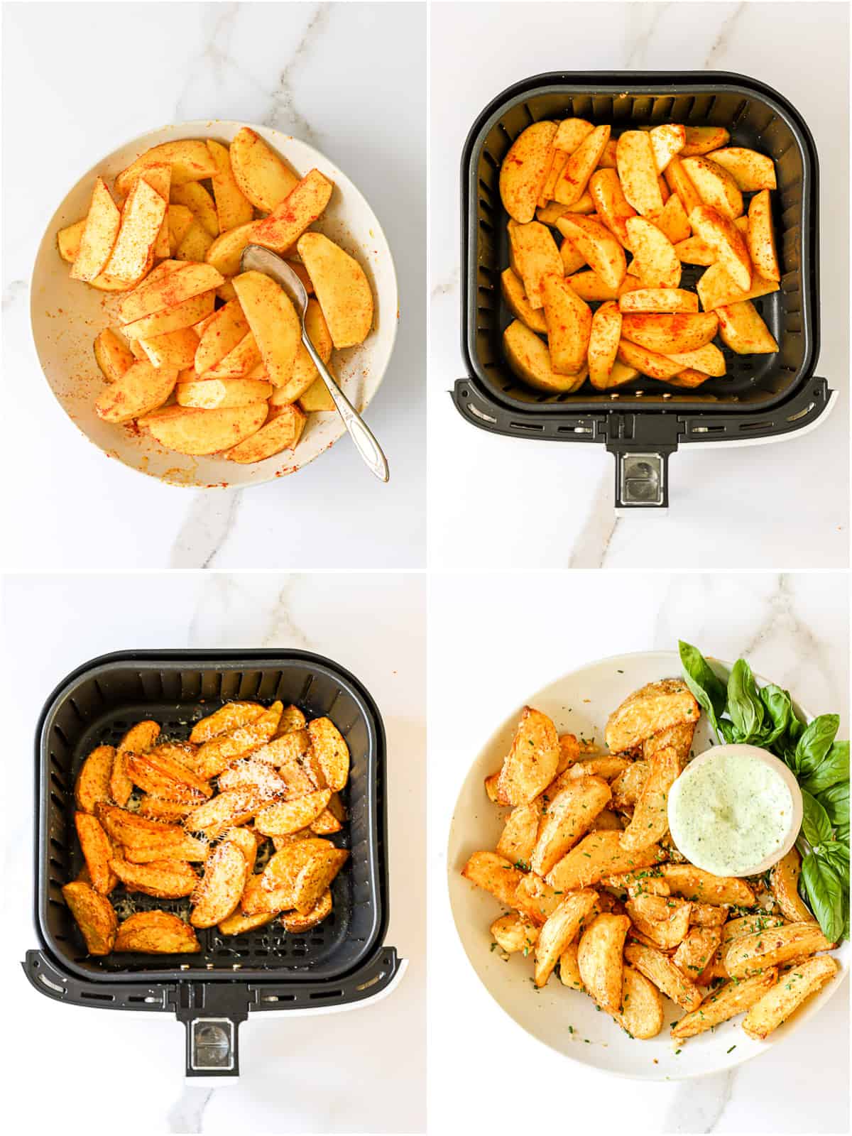 These Air Fryer Potato Wedges are tossed with savory seasonings and parmesan cheese, leaving you with an irresistibly crispy and crunchy snack or side dish. Take them to the next level with homemade basil aioli for dipping! #potatowedges #airfryer #easysnack #sidedish 4 images showing how to season and cook potato wedges in the air fryer.