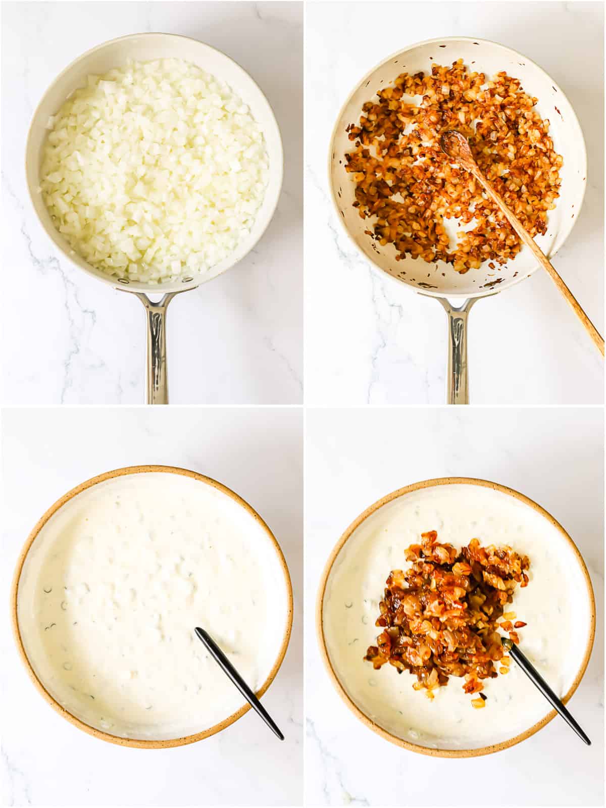 4 images showing how to caramelize onions and mix a creamy onion dip together.