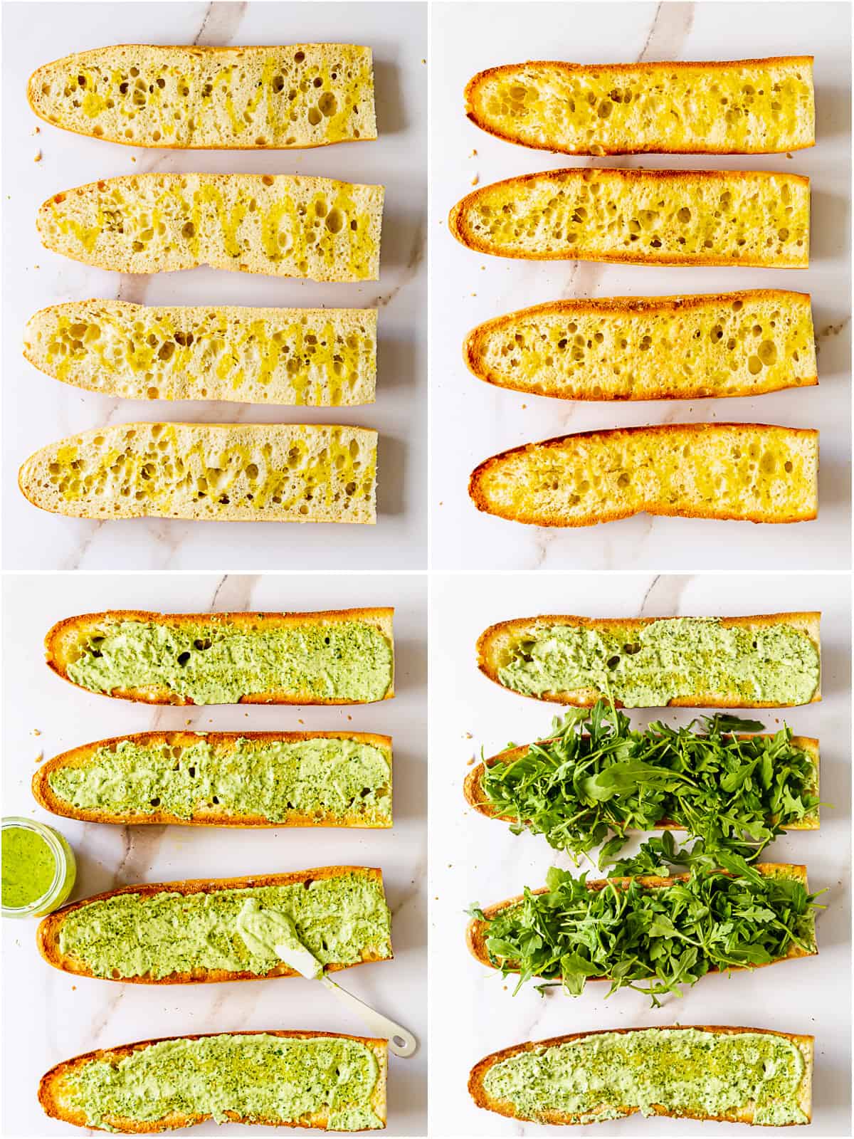 4 images showing how to assemble basil aioli and arugula on toasted baguette slices.