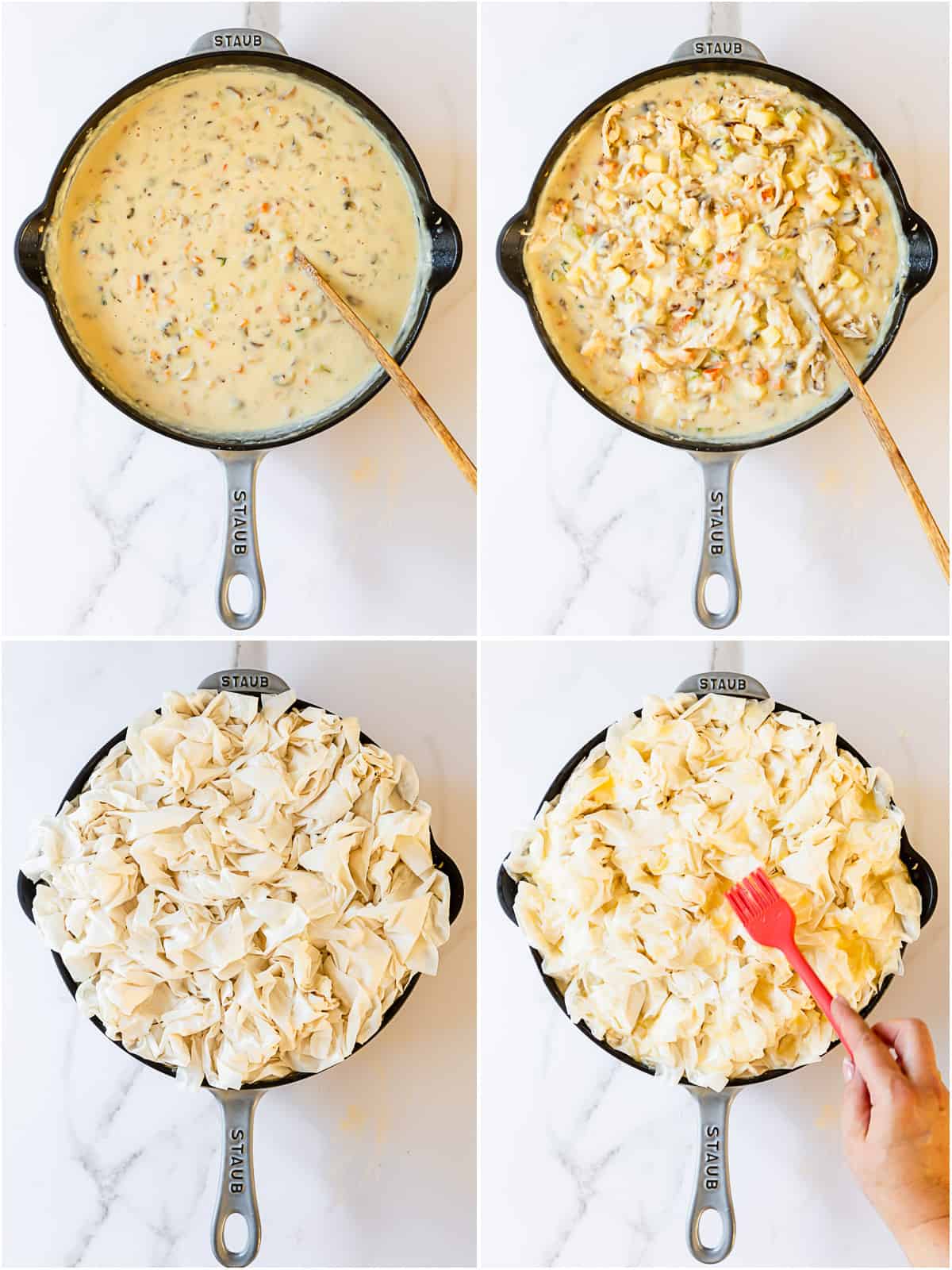 4 images showing how to cook and assemble a chicken pot pie in a cast iron skillet.