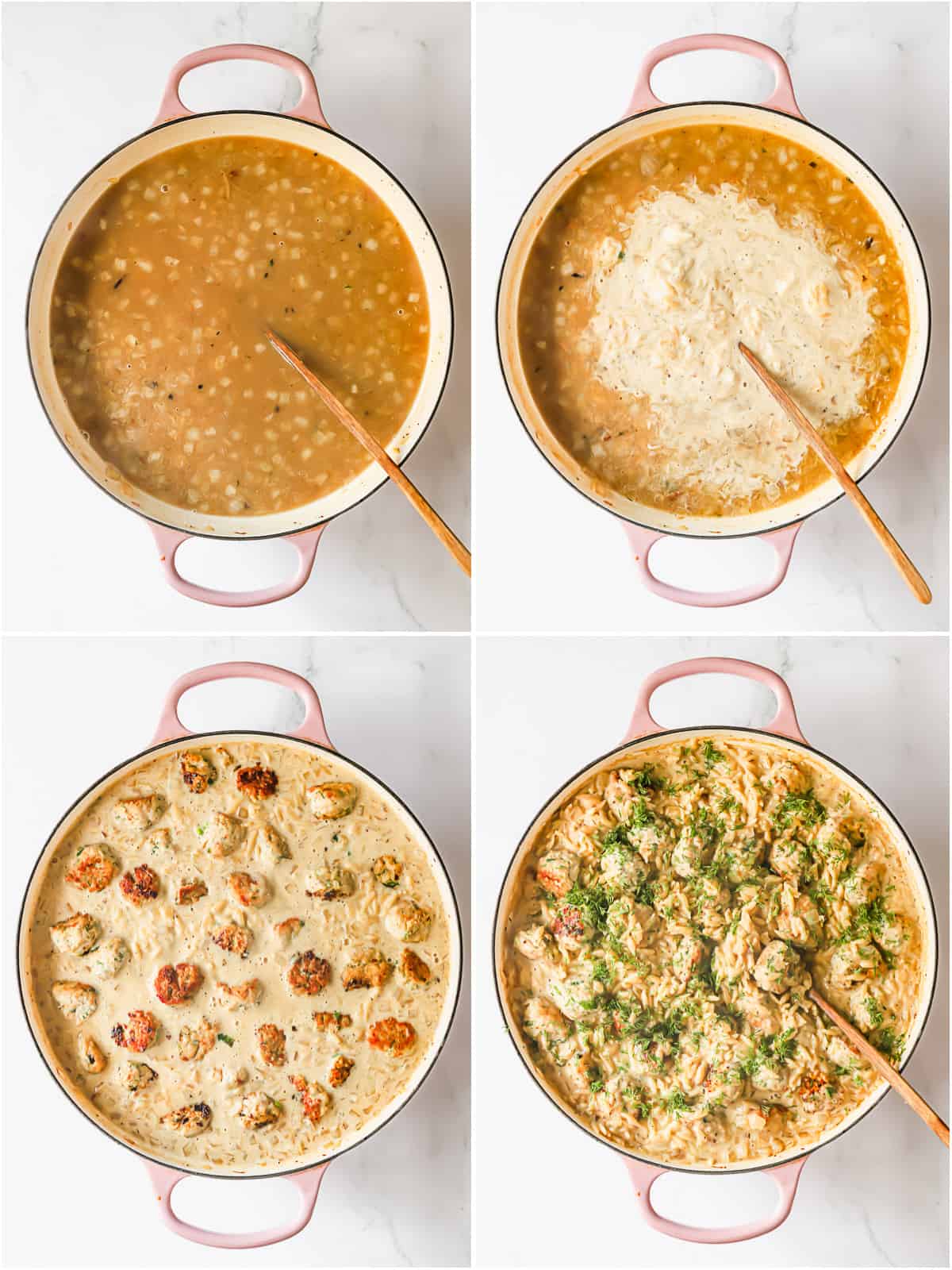 5 images showing how to cook orzo and chicken meatballs in a large pot.