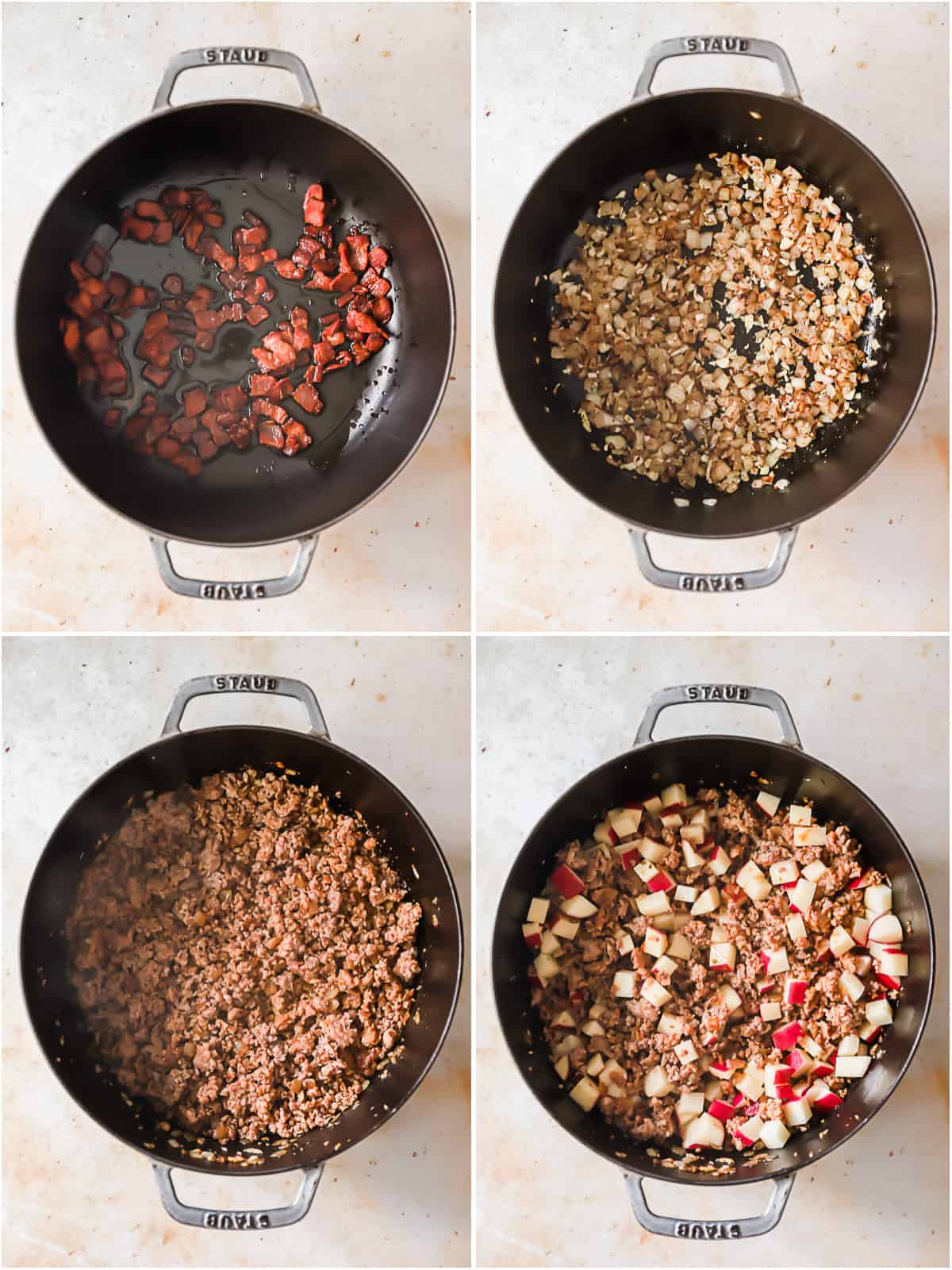 4 images showing how to saute bacon, onions, and sausage in a large black skillet.