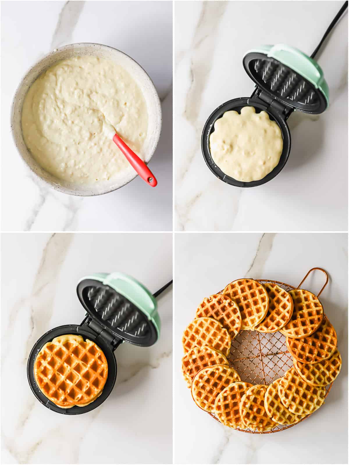 4 images showing how to make waffle batter and how to cook waffles in a small waffle maker.