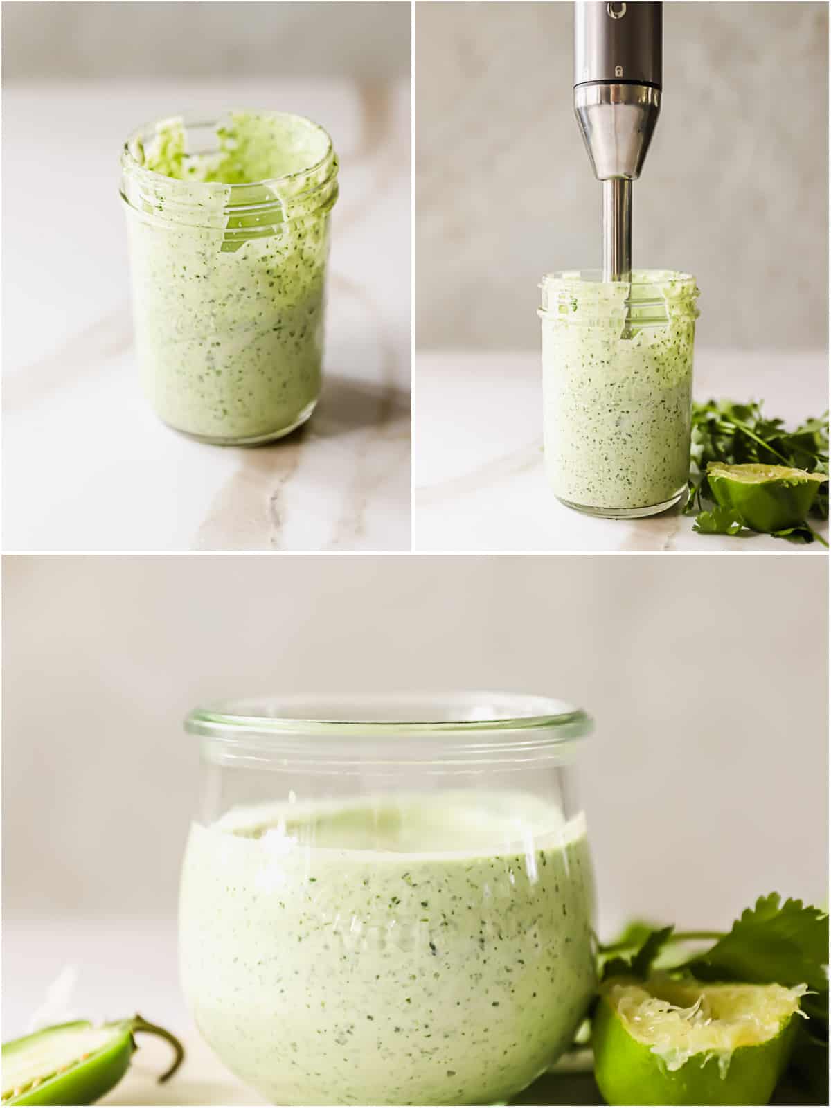 3 images showing how to blend Peruvian green sauce with an immersion blender in a mason jar.