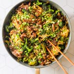 Beef yakisoba noodles in a pan.