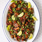 Grilled steak kabobs on a plate.