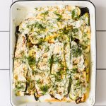 Grilled zucchini and squash with sauce.