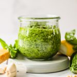 Basil pesto in a jar.