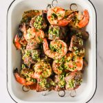 Kabobs in a baking dish.