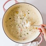 Crab soup in Dutch oven.