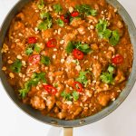 Peanut butter chicken in a pan.