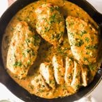 Cream of mushroom chicken in a skillet.