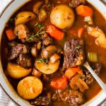 Dutch oven beef stew in a bowl.