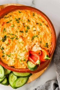 Buffalo chicken dip in a bowl.
