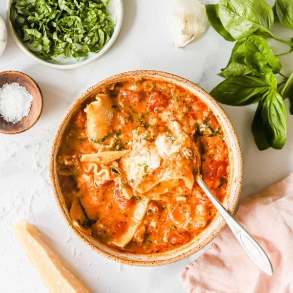 large bowl filled with lasagna soup.