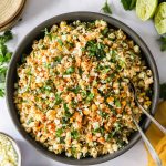 Esquites pasta salad in a serving bowl.