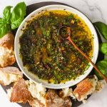 Bread dipping oil on a platter.