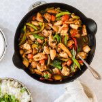 Easy chicken stir fry in a skillet.