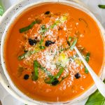 Tomato gazpacho in a bowl.