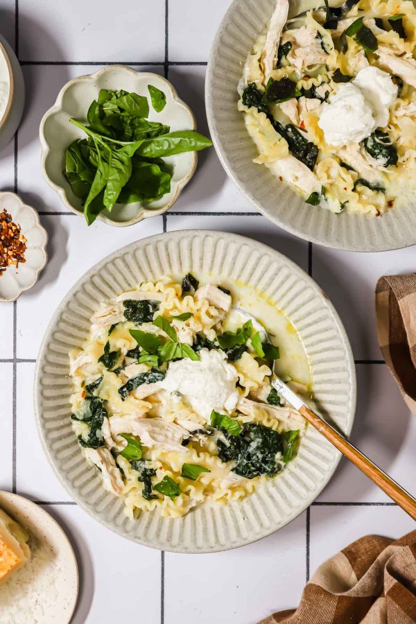 Lasagna chicken soup with toppings.