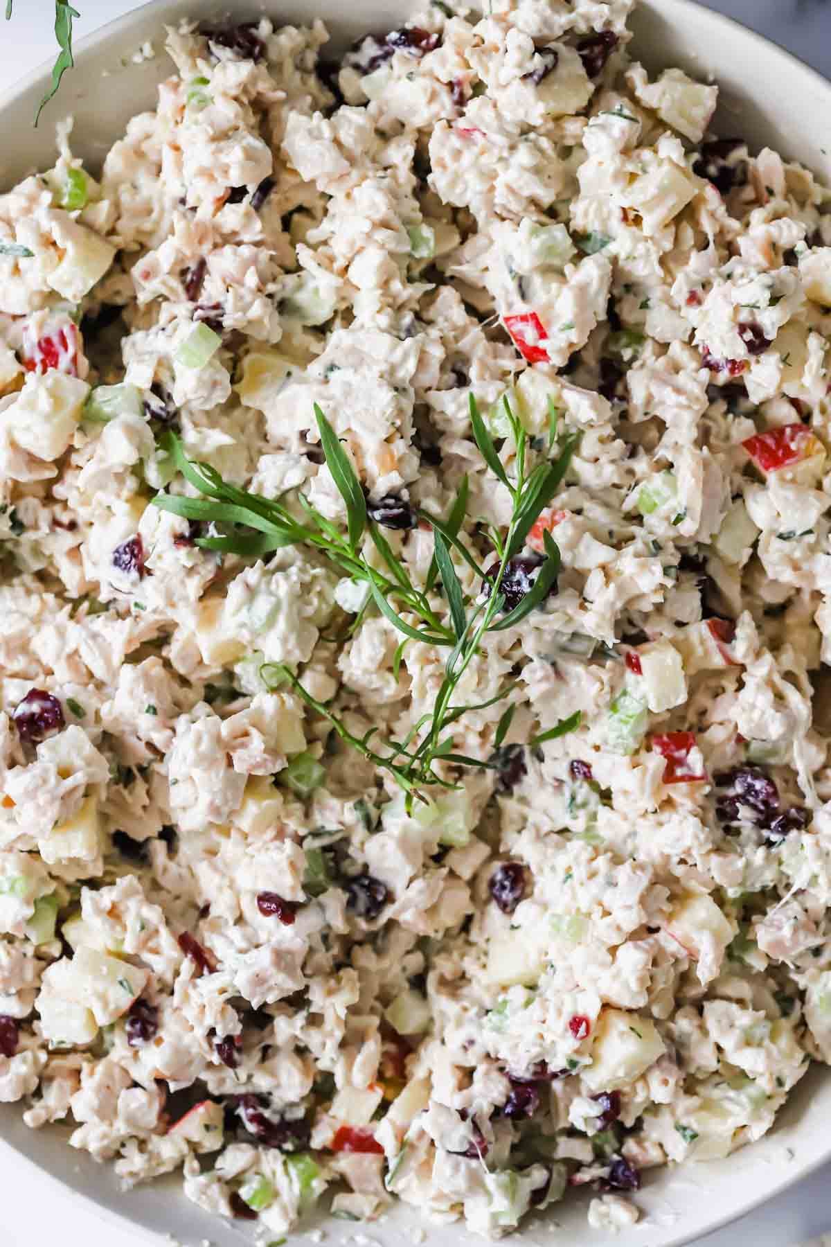 Bowl of chicken salad with diced apples, celery, dried cranberries, and herbs, garnished with a sprig of fresh tarragon.