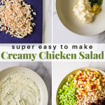 Four-step process showing ingredients and preparation of creamy chicken salad with cooked chicken, mayonnaise, herbs, diced celery, and chopped apples in bowls.