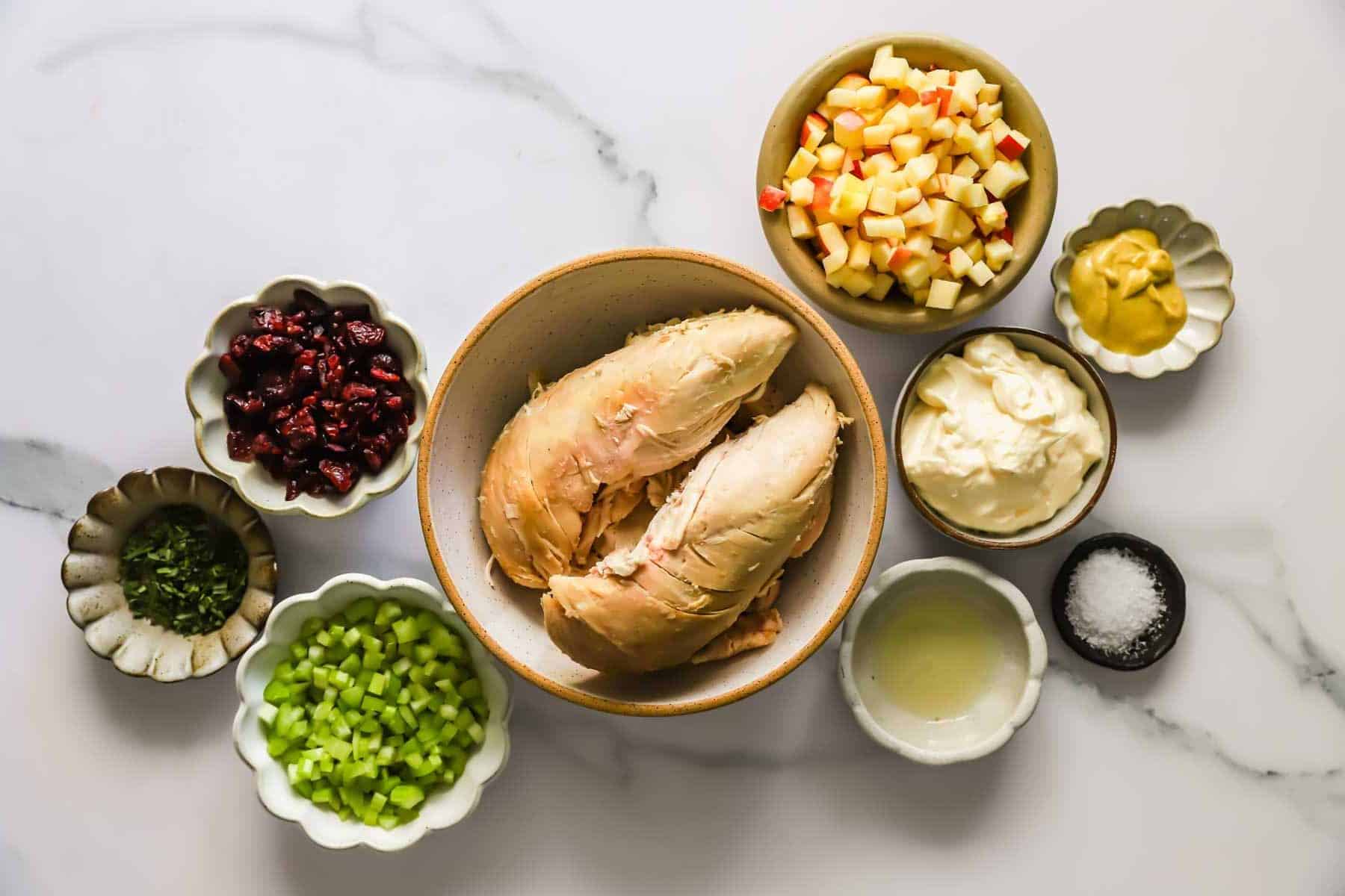 A bowl of cooked chicken breast surrounded by small bowls containing chopped apples, celery, dried cranberries, mayonnaise, mustard, lemon juice, salt, and chopped herbs on a white surface.