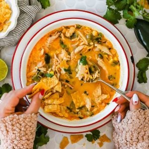 A person holds a spoon over a bowl of chicken poblano soup, with tortilla chips and fresh cilantro visible on the table.