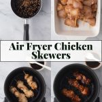 Four-step collage showing marinade in a saucepan, raw chicken skewers in a dish, uncooked chicken skewers in an air fryer, and cooked glazed skewers in the air fryer basket.