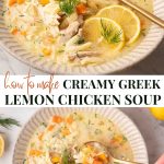 Two bowls of creamy Greek lemon chicken soup garnished with lemon slices, fresh dill, and shredded chicken, with a spoon in each bowl.