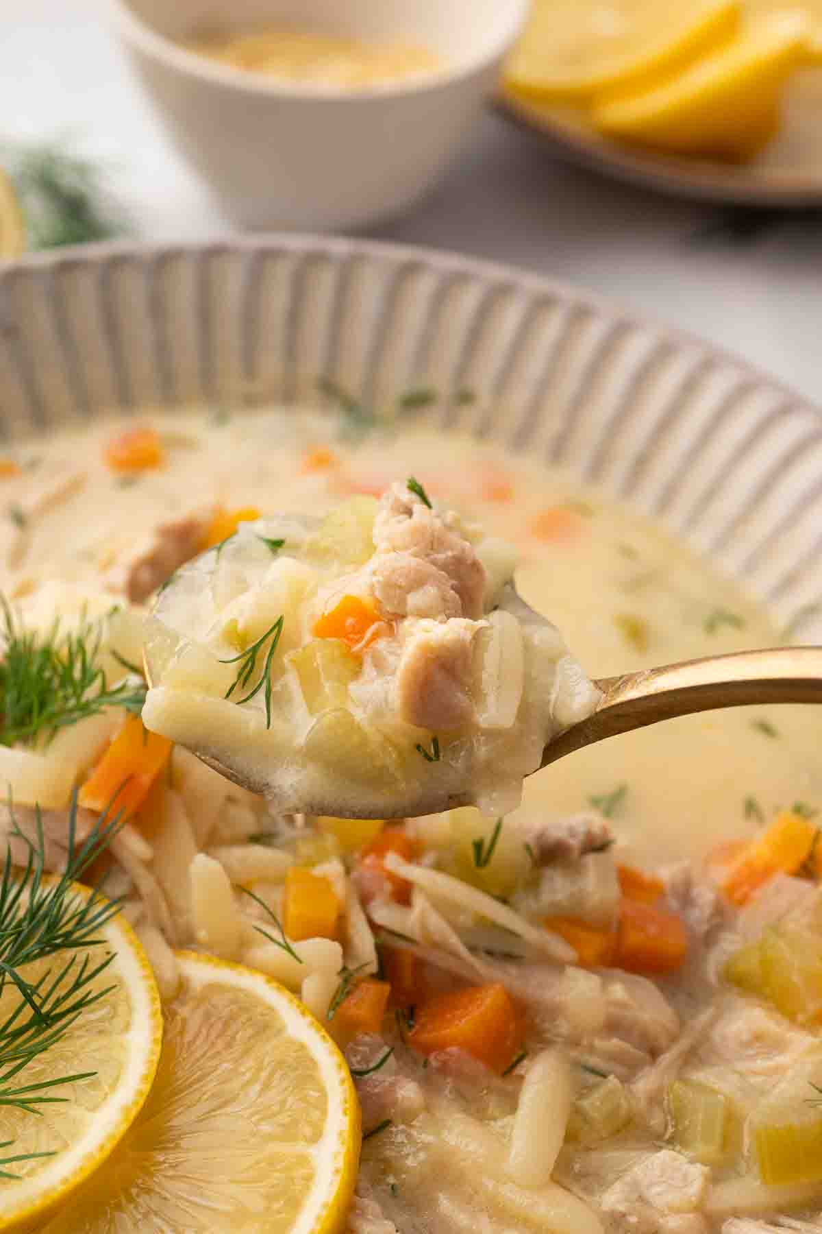 A close-up of a spoonful of chicken soup with rice, carrots, herbs, and lemon slices, held above a bowl filled with the same soup.