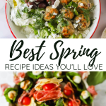 Two spring-themed dishes: a salad with meatballs, fresh vegetables, and herbs, and a platter of skewers with tomatoes, cheese, and cured meat. Text reads: "Best Spring Recipe Ideas You'll Love.