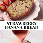 A slice of strawberry banana bread on a plate with fresh strawberries, and a loaf of bread being glazed with pink strawberry icing on a cooling rack.