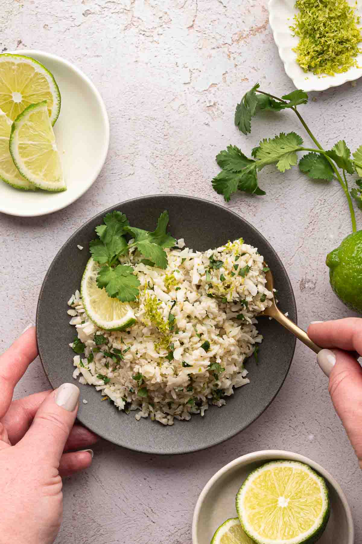A plate of herbed rice garnished with lime slices and cilantro, with a hand holding a spoon. Lime, cilantro, and zest are arranged around the plate.