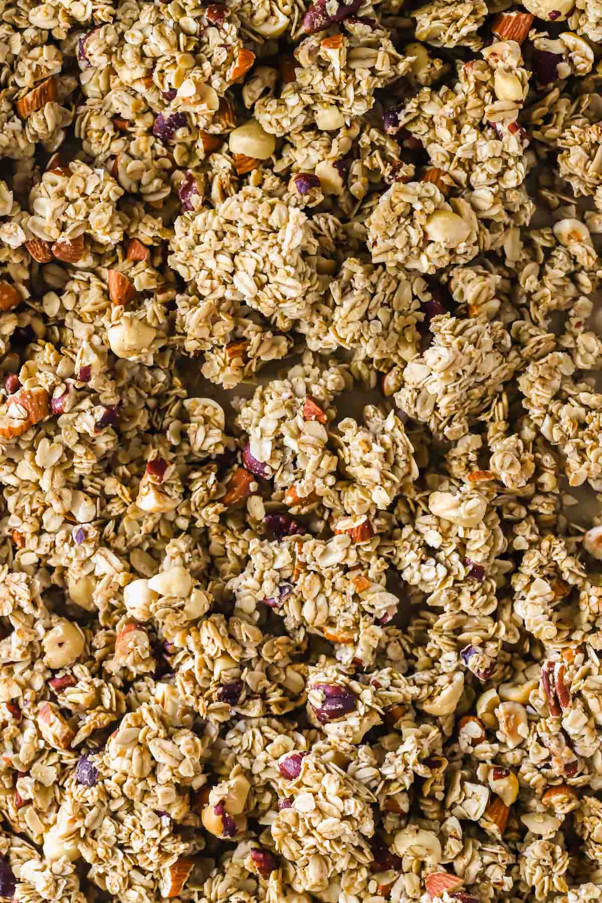 Close-up of granola clusters containing oats, nuts, and dried fruit.