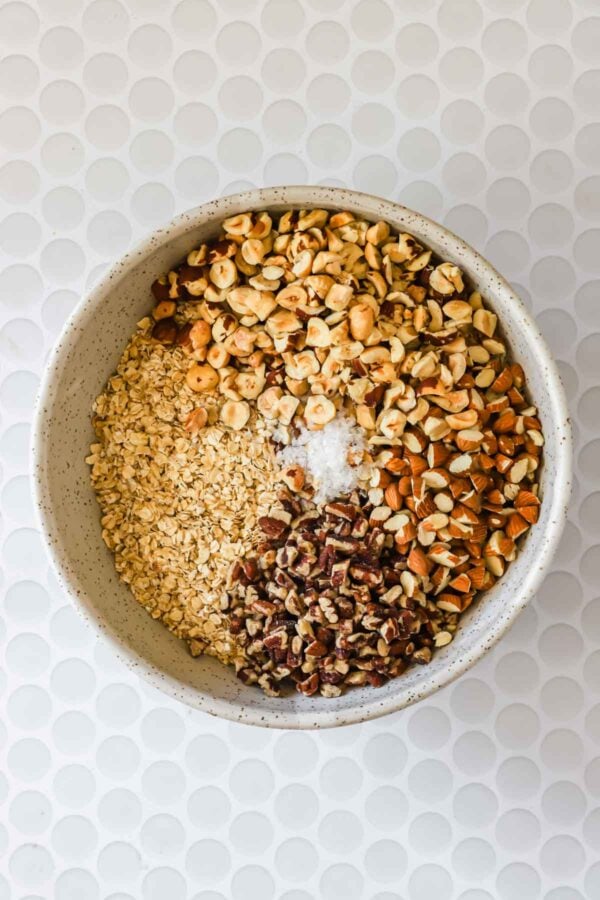 A bowl containing chopped hazelnuts, chopped almonds, chopped pecans, oats, and a small pile of salt on a white patterned surface.