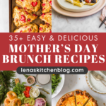 Collage of brunch foods including scones, fruit-topped waffles, a bagel platter with toppings, and a quiche. Text reads: "Mother’s Day Brunch Recipes lenaskitchenblog.com".