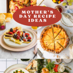 A collage of five colorful dishes with fruit, pie, eggs, and bagels, overlaid with the text “Mother's Day Recipe Ideas” and the website lenaskitchenblog.com.