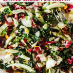 Close-up of a fresh radicchio and fennel salad with chopped greens, herbs, and a fork, featured as a spring salad recipe for Easter.
