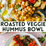 A bowl of hummus topped with roasted cherry tomatoes, chickpeas, zucchini, eggplant, and red bell peppers, drizzled with olive oil and herbs.
