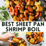 Sheet pan shrimp boil with shrimp, sausage, corn, potatoes, lemon wedges, and herbs served on a large platter and in bowls. Text reads "Best Sheet Pan Shrimp Boil.