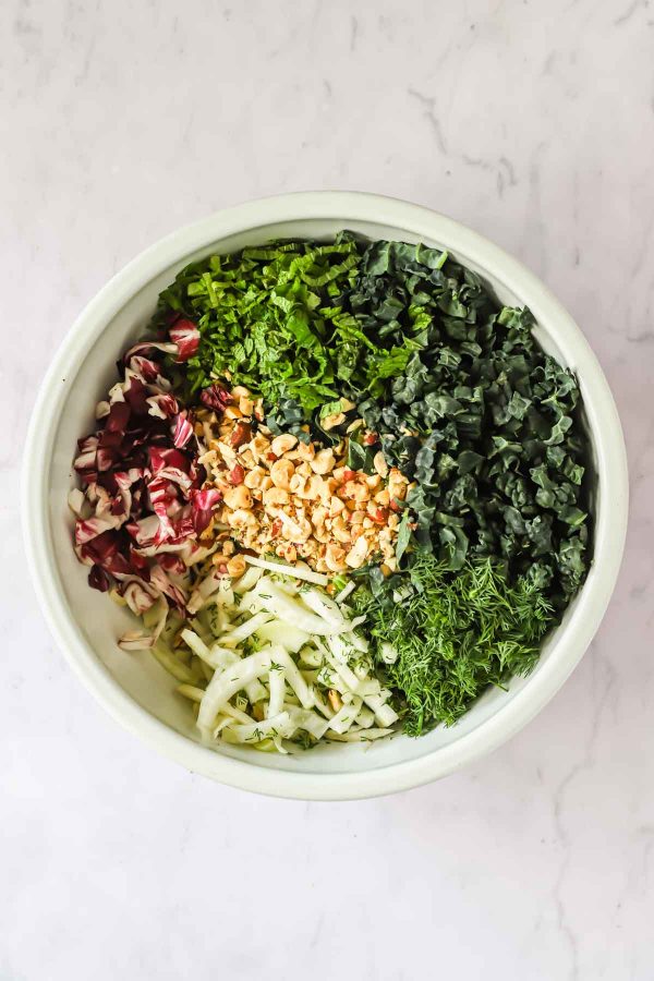 A white bowl containing chopped radicchio, green onions, kale, dill, fennel, and crushed peanuts, arranged in separate sections on a light marble surface.