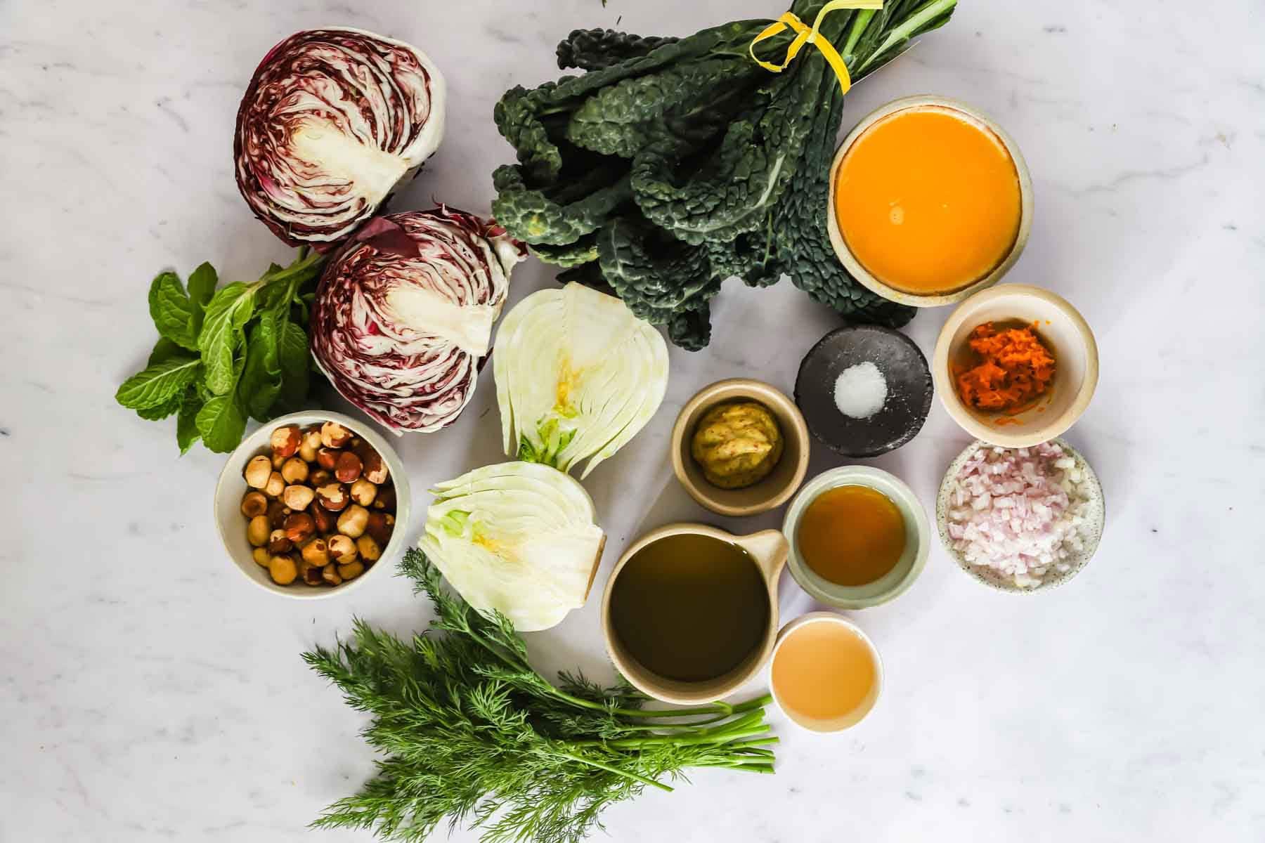 Assorted fresh ingredients and condiments, including radicchio, kale, fennel, herbs, hazelnuts, liquids, and spices, arranged on a marble surface.