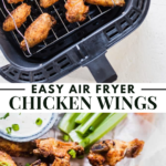A batch of seasoned chicken wings cooking in an air fryer, with a serving of cooked wings, celery sticks, and dipping sauce displayed below.