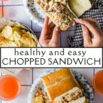 A chopped sandwich with chips on a plate, two glasses of orange drink, and a hand holding half of the sandwich on a blue-patterned surface.