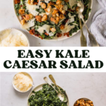 A bowl of kale Caesar salad topped with croutons and shaved parmesan, with small bowls of extra croutons and cheese on the side. Text reads "Easy Kale Caesar Salad".