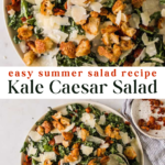 A plate of kale Caesar salad topped with croutons and shaved parmesan, shown from above with a fork and a napkin on the side. Text on image reads "Kale Caesar Salad.